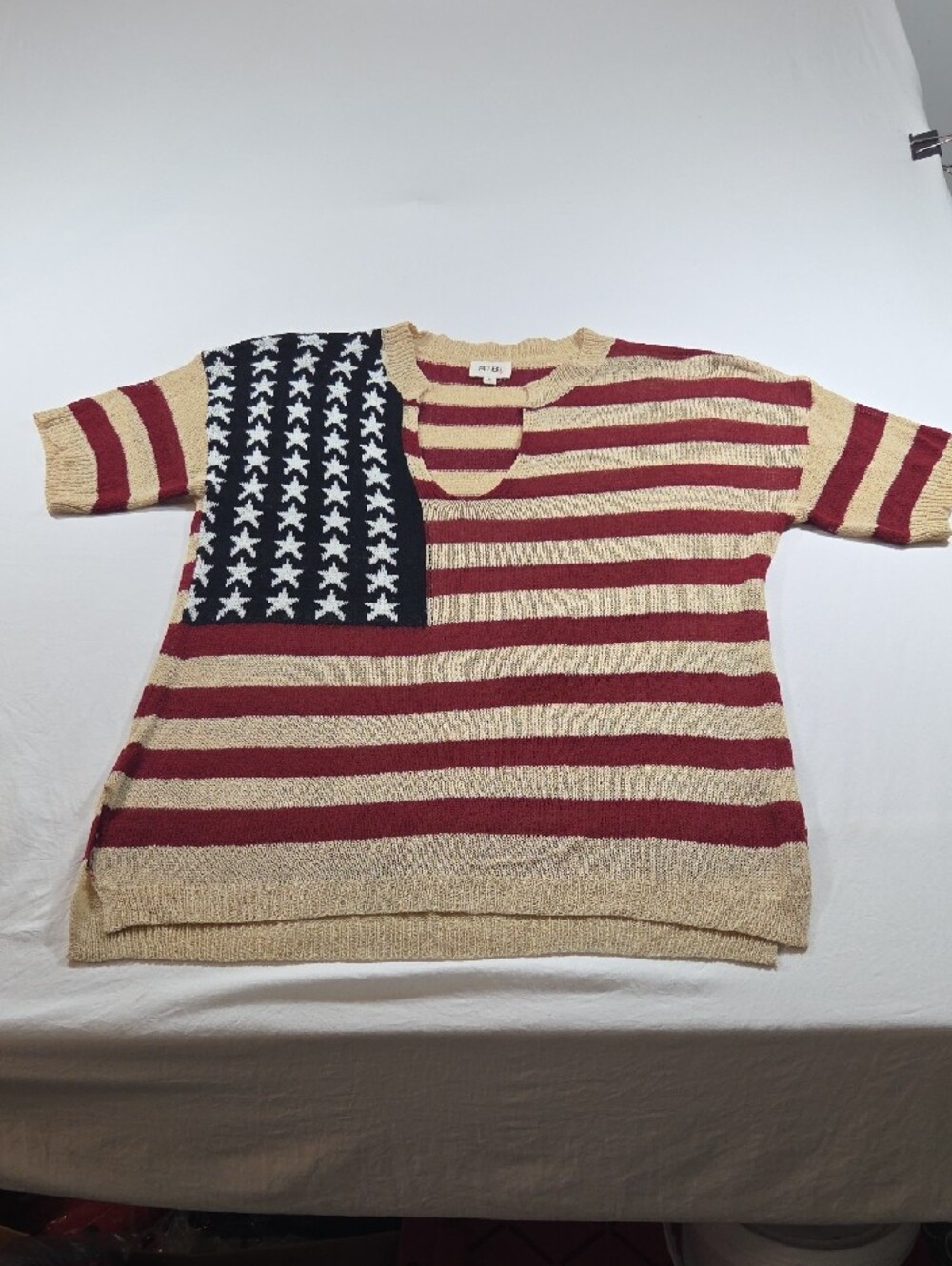 American Flag Bibi Striped Knit V-Neck Tunic Top Star Short Sleeve Beach Boho - Picture 15 of 16
